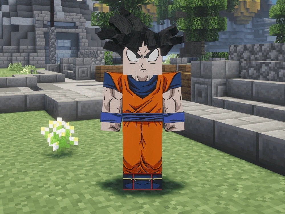 Saiyan character standing in front of the server's temple